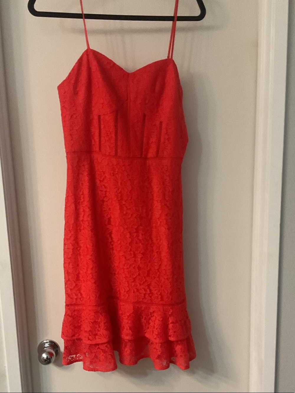 Marciano Red Lace Midi Dress with Ruffle Hem